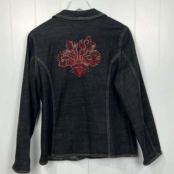 Denim & Co. Womens Jean Jacket M Dark Wash Black Long Sleeve Button Down Western - Picture 10 of 13